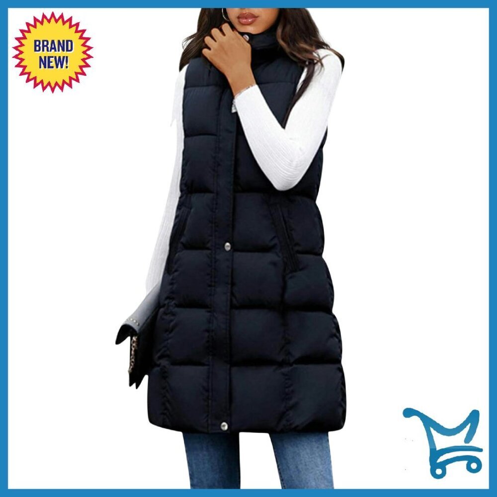 Long Puffer Vest with Removable Hood, Two Pockets, Full Zip